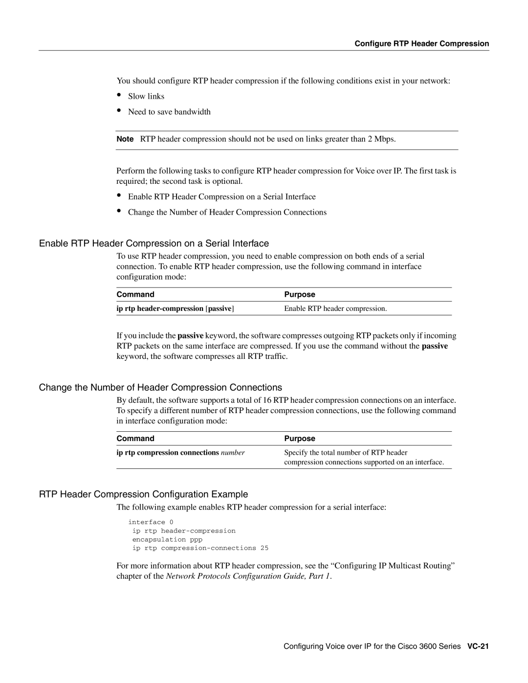 Cisco Systems 3600 manual Enable RTP Header Compression on a Serial Interface, RTP Header Compression Configuration Example 