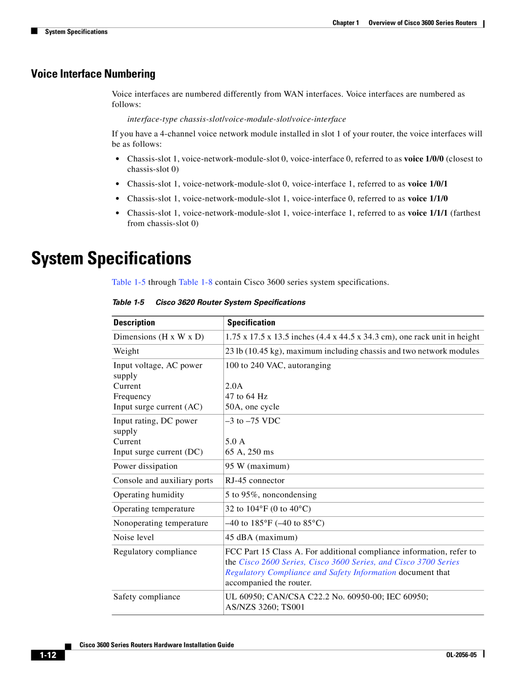 Cisco Systems System Specifications, the Cisco 2600 Series, Cisco 3600 Series, and Cisco 3700 Series, 1-12, Description 