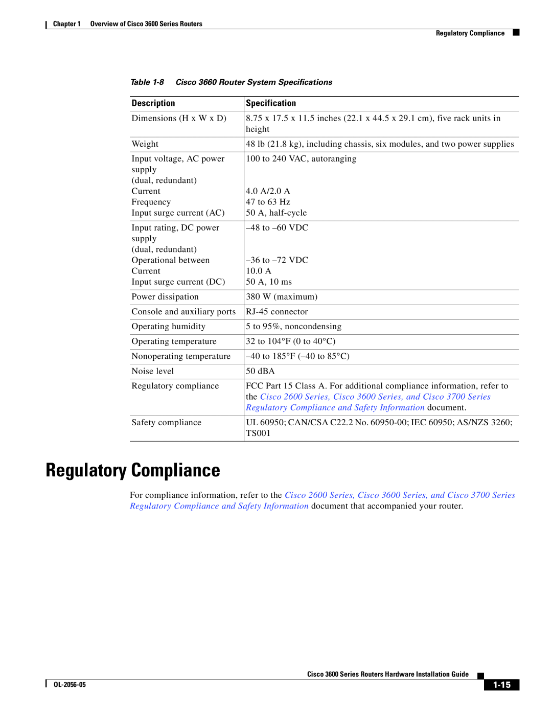 Cisco Systems 3600 Regulatory Compliance and Safety Information document, 1-15, Description, Specification 