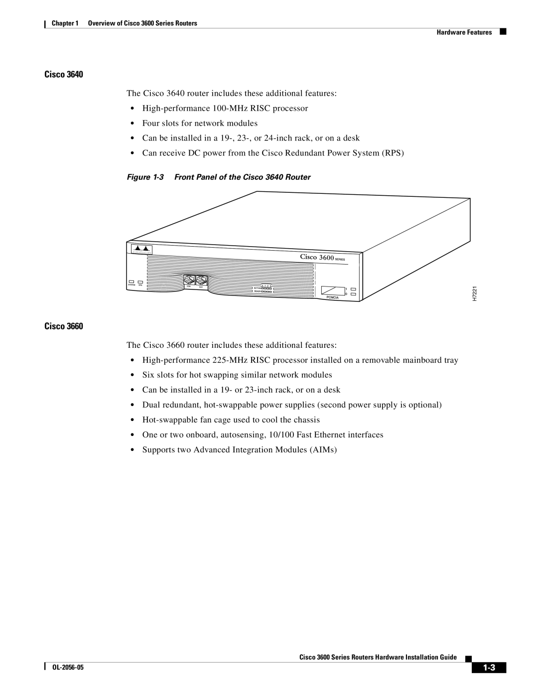 Cisco Systems 3600 specifications 3 Front Panel of the Cisco 3640 Router, H7221 