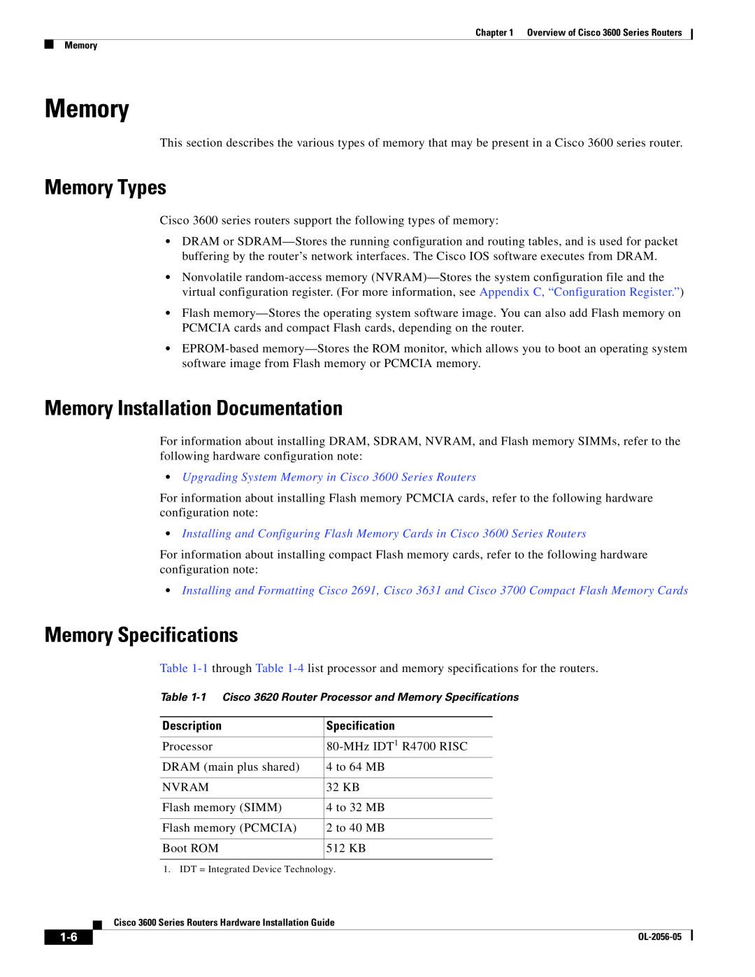 Cisco Systems 3600 specifications Memory Types, Memory Installation Documentation, Memory Specifications, Description 