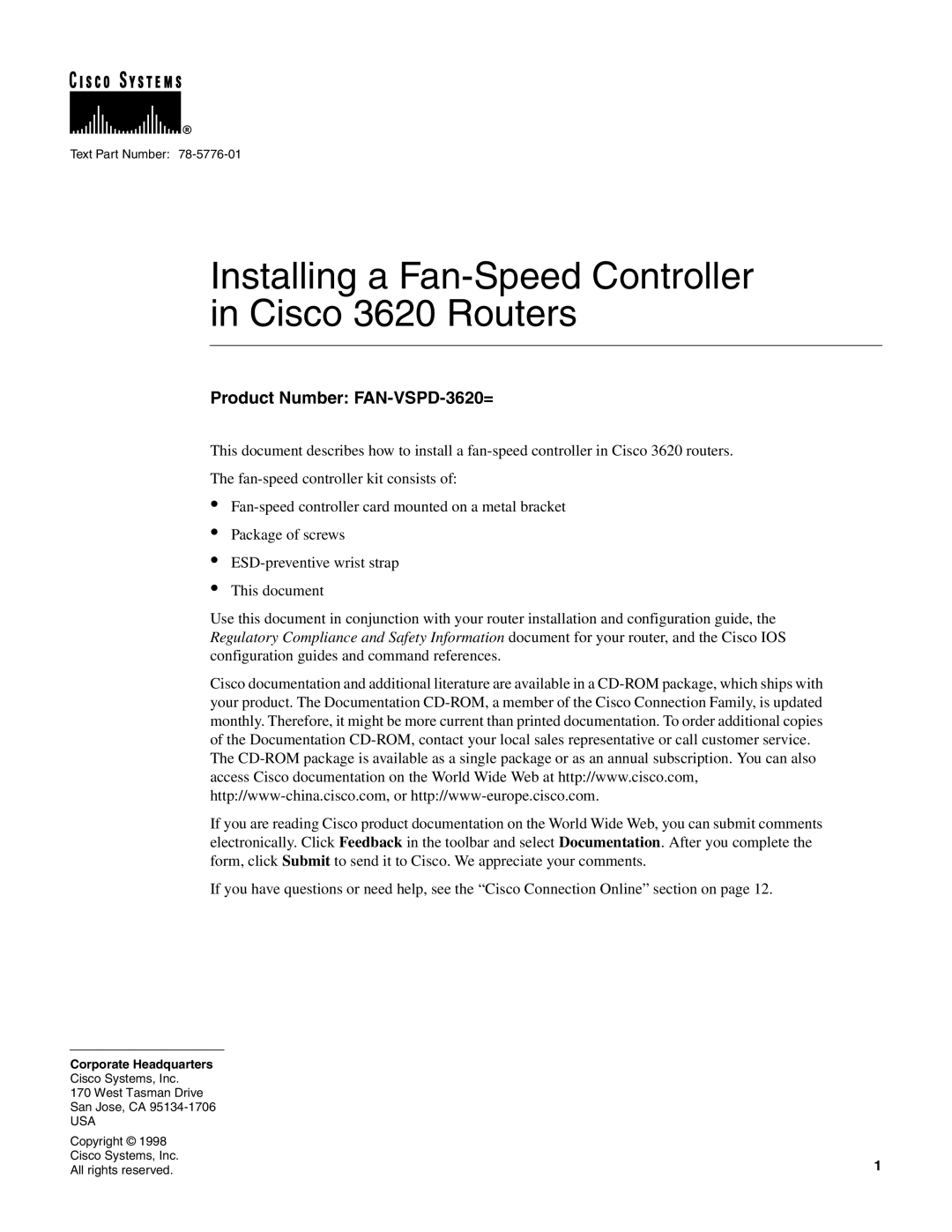 Cisco Systems manual Installing a Fan-Speed Controller in Cisco 3620 Routers 