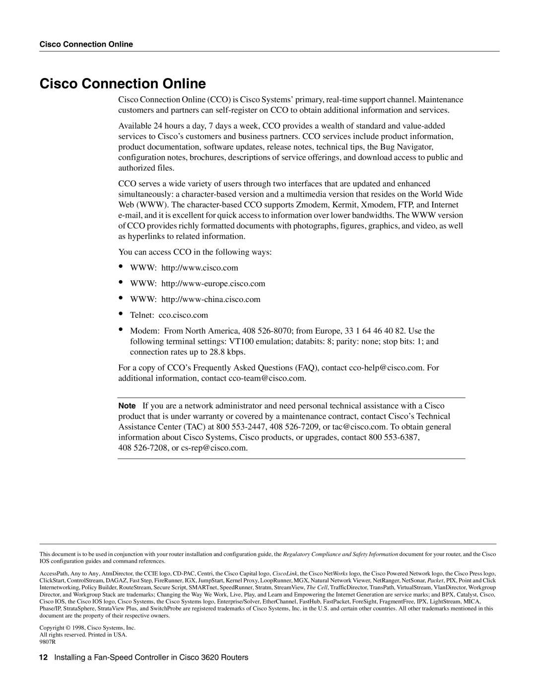 Cisco Systems 3620 manual Cisco Connection Online 