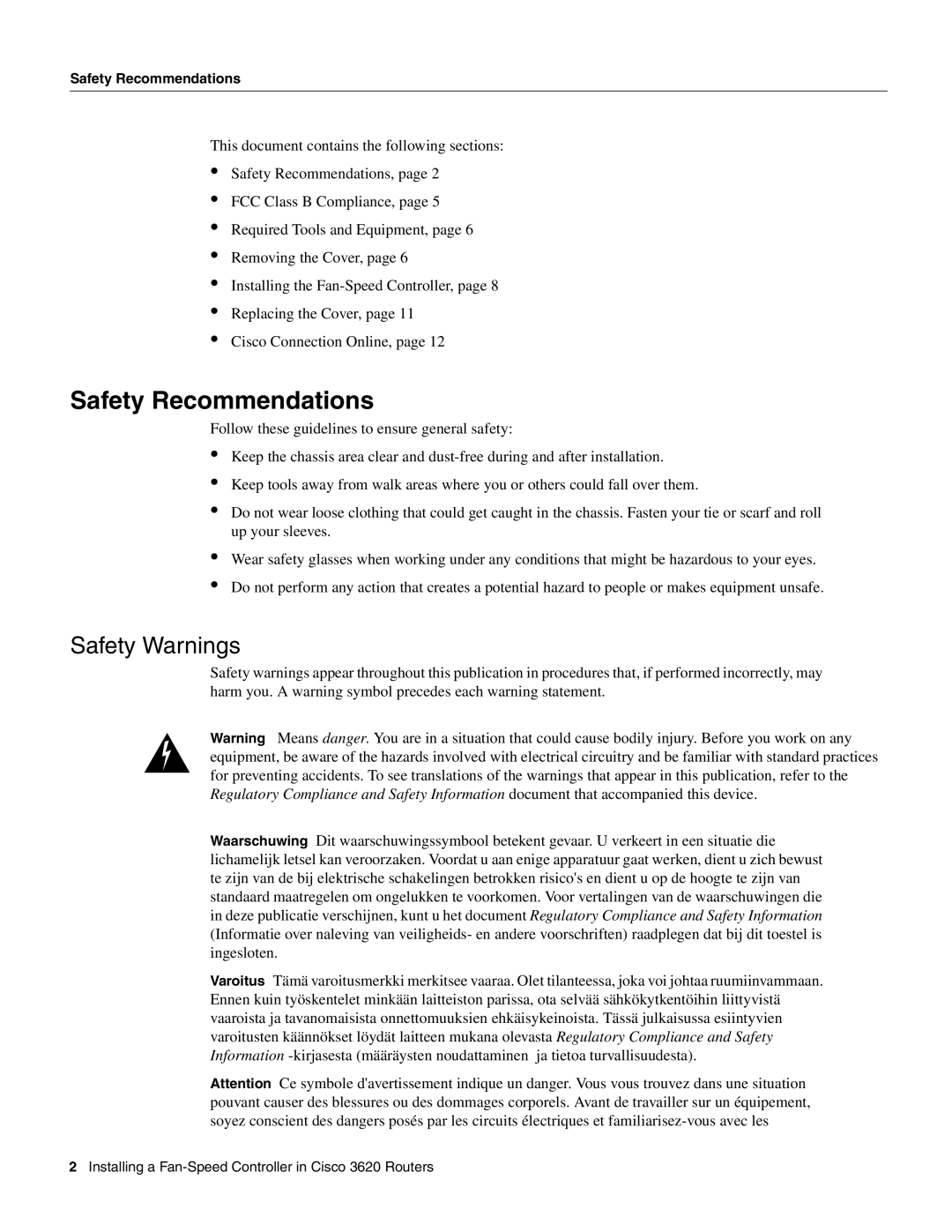 Cisco Systems 3620 manual Safety Recommendations, Safety Warnings 