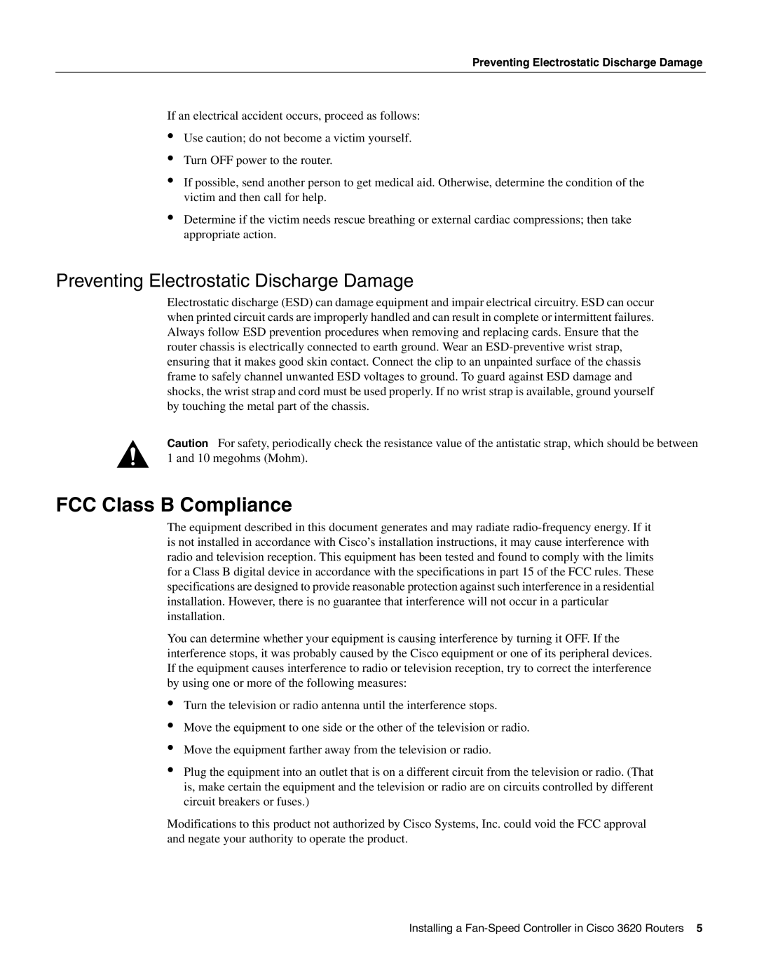 Cisco Systems 3620 manual FCC Class B Compliance, Preventing Electrostatic Discharge Damage 