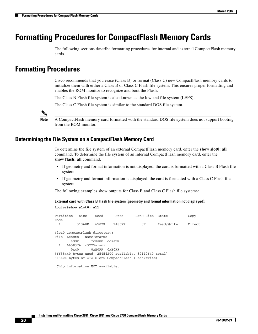 Cisco Systems 3631, 2691 manual Formatting Procedures for CompactFlash Memory Cards 