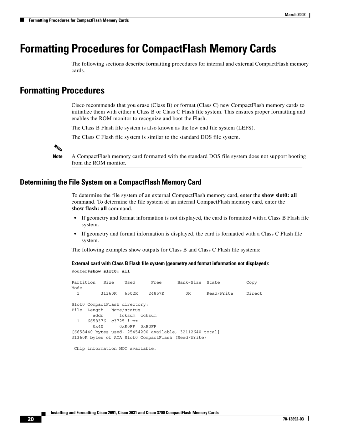 Cisco Systems 3631, 2691 manual Formatting Procedures for CompactFlash Memory Cards, Router#show slot0 all 