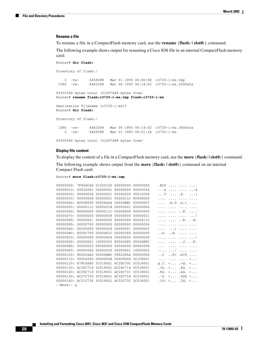 Cisco Systems 3631, 2691 manual Rename a file, Router# more flashc3725-i-mz.tmp 