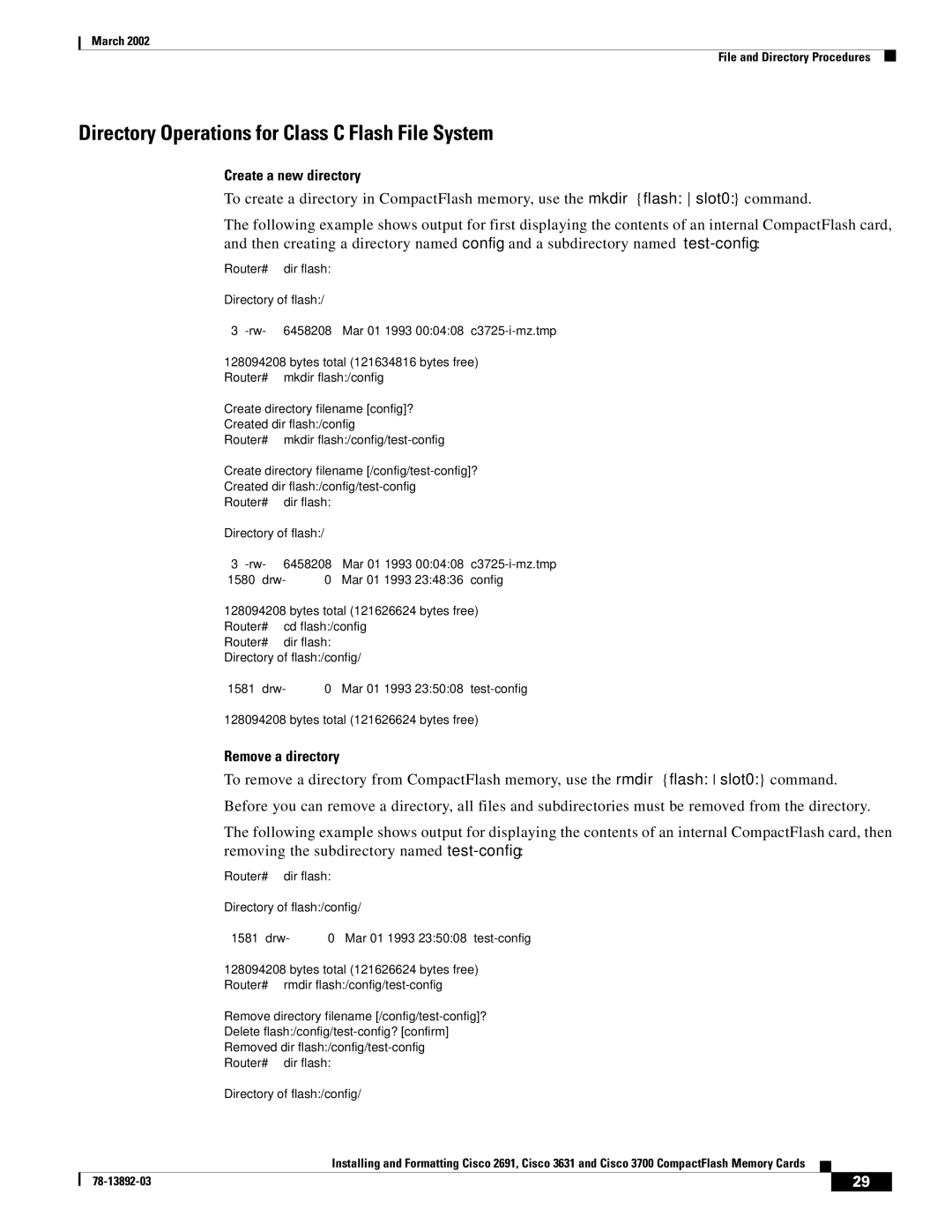 Cisco Systems 2691, 3631 Directory Operations for Class C Flash File System, Create a new directory, Remove a directory 