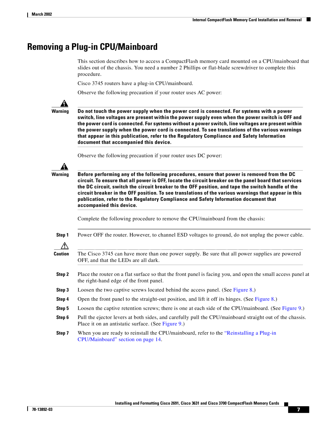 Cisco Systems 2691, 3631 manual Removing a Plug-in CPU/Mainboard 