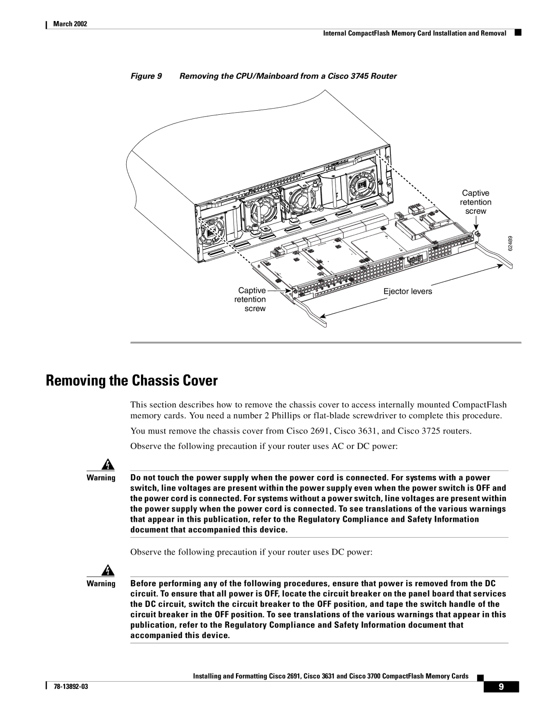 Cisco Systems 2691, 3631 manual Removing the Chassis Cover, Removing the CPU/Mainboard from a Cisco 3745 Router 
