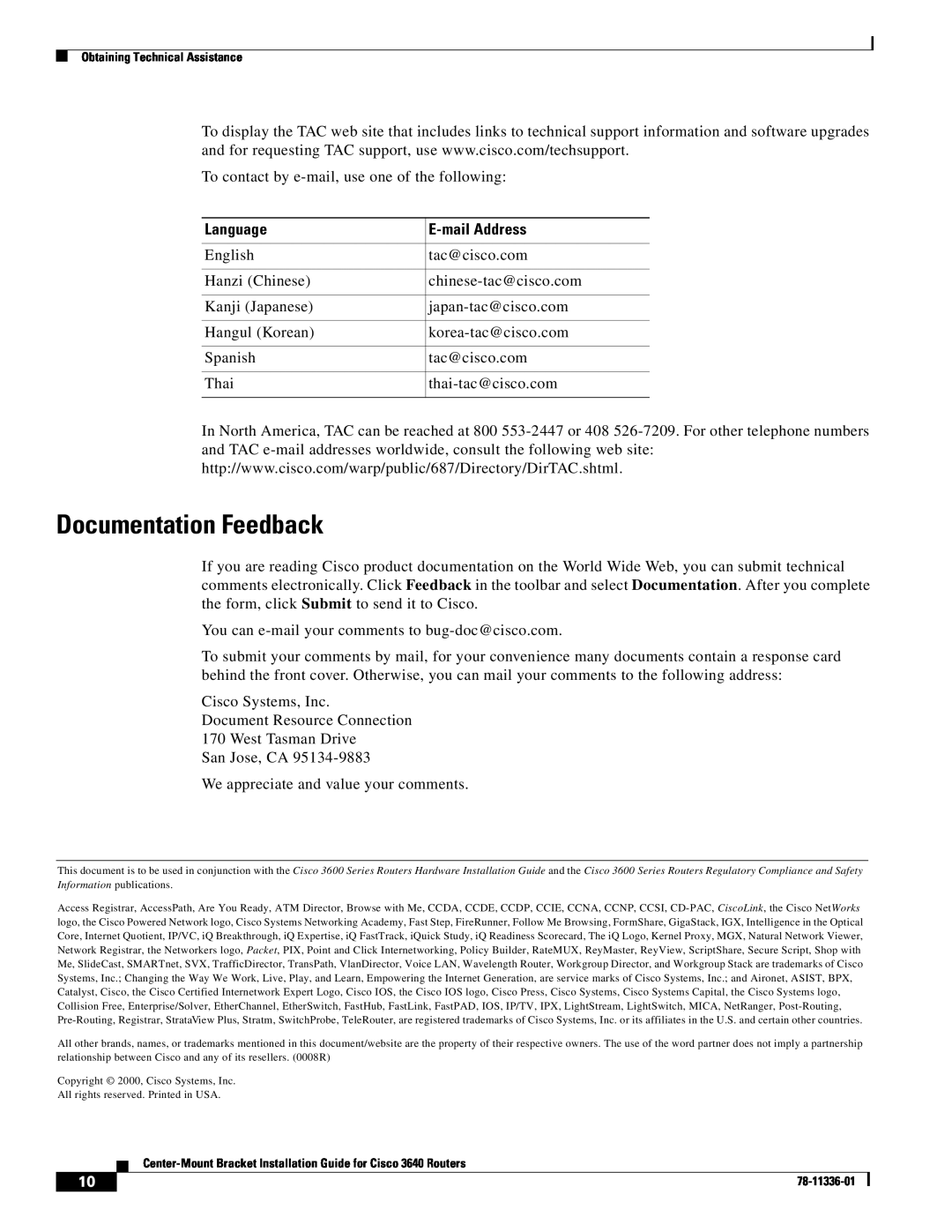 Cisco Systems 3640 manual Documentation Feedback, Language, E-mail Address 