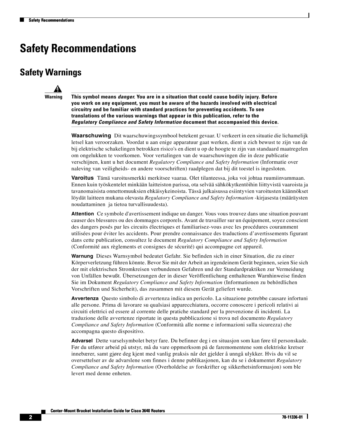 Cisco Systems 3640 manual Safety Recommendations, Safety Warnings 