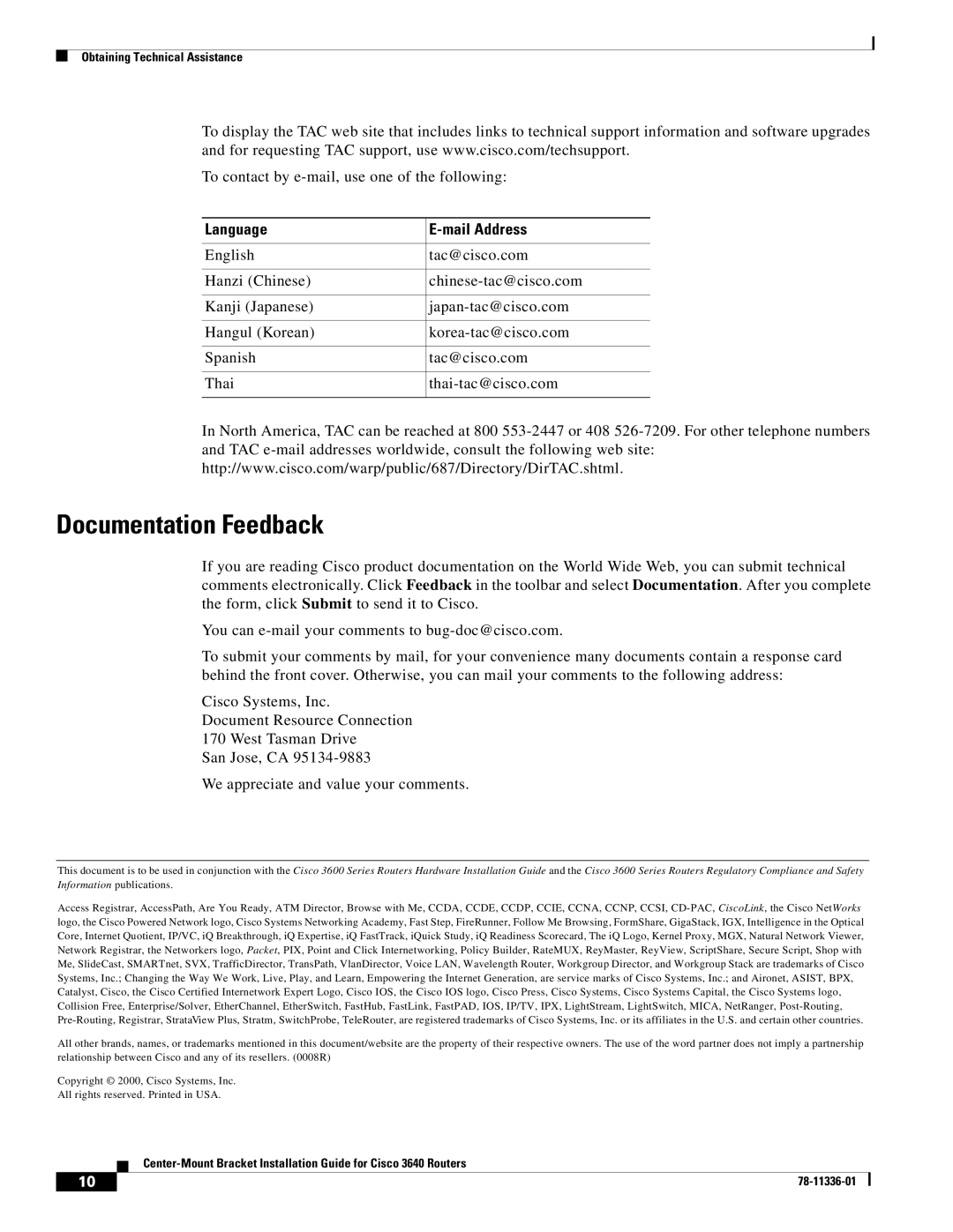 Cisco Systems 3640 manual Documentation Feedback, Language Mail Address 