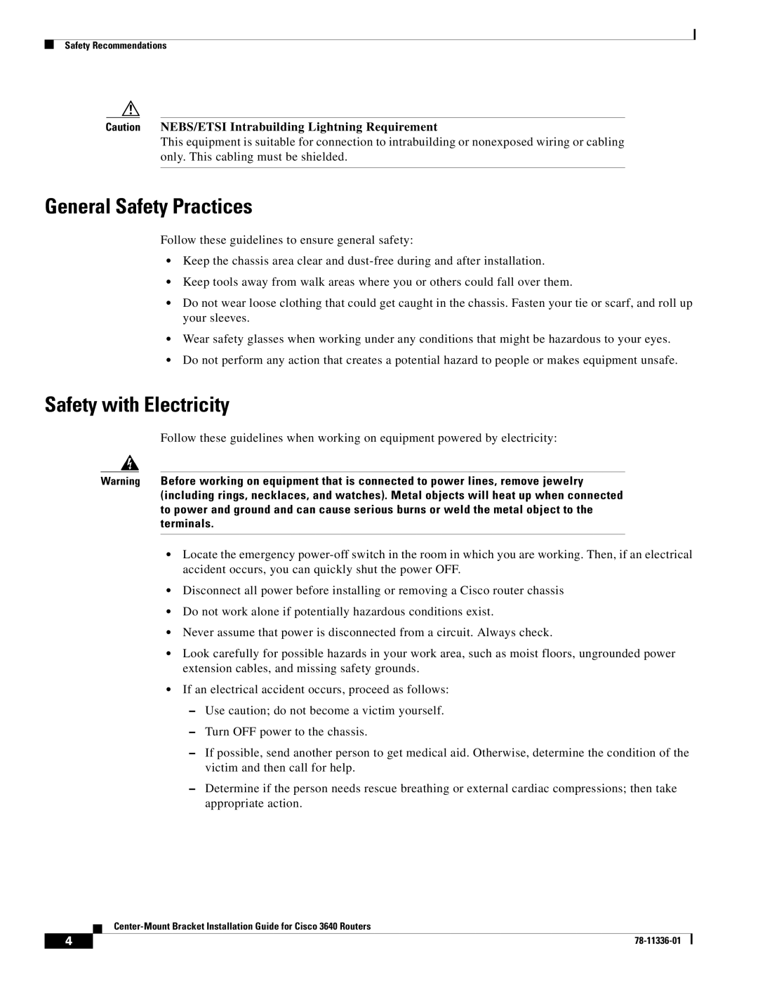 Cisco Systems 3640 manual General Safety Practices, Safety with Electricity 