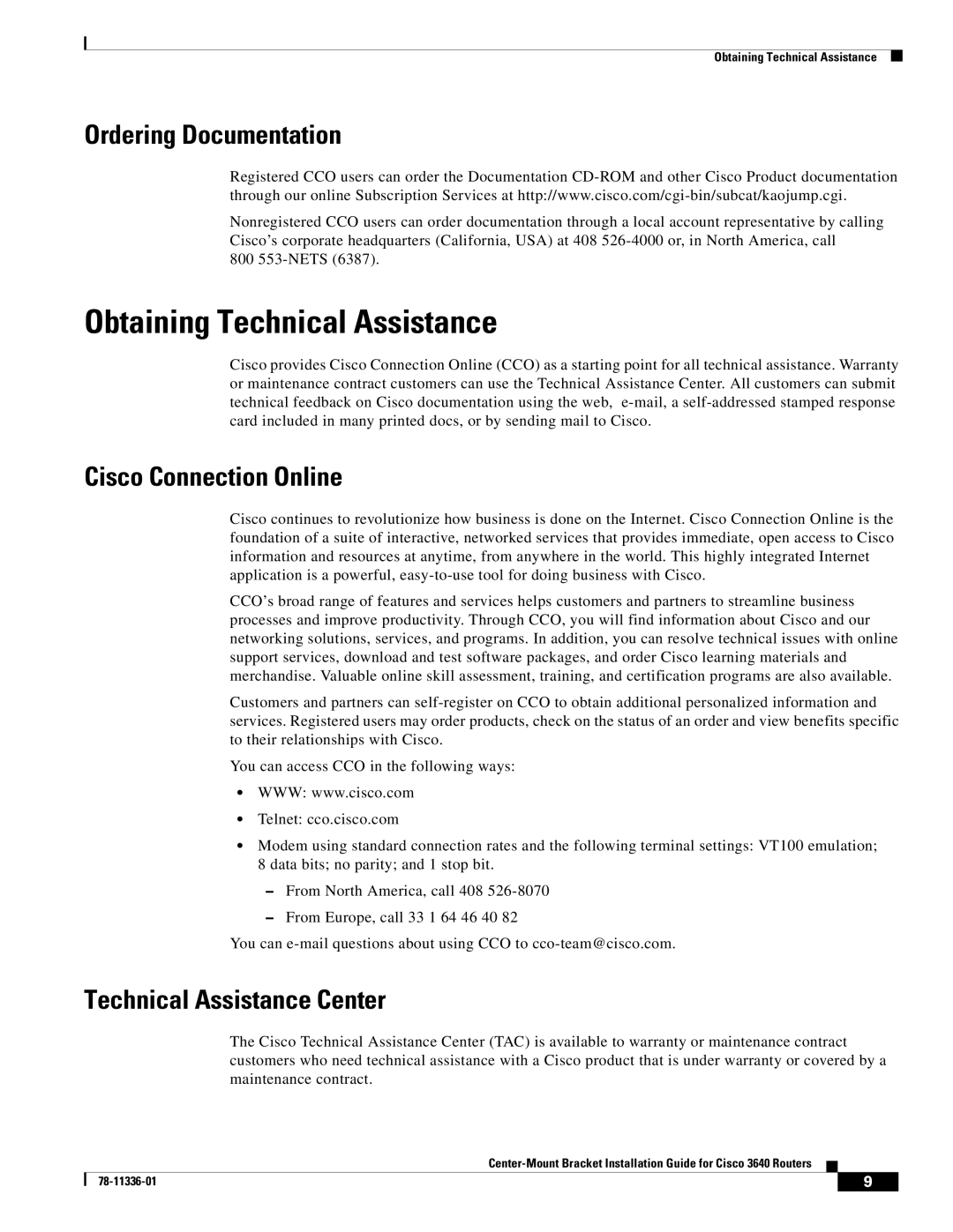 Cisco Systems 3640 manual Obtaining Technical Assistance, Ordering Documentation, Cisco Connection Online 