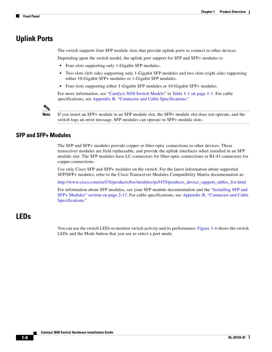 Cisco Systems 3650 manual Uplink Ports, LEDs, SFP and SFP+ Modules 