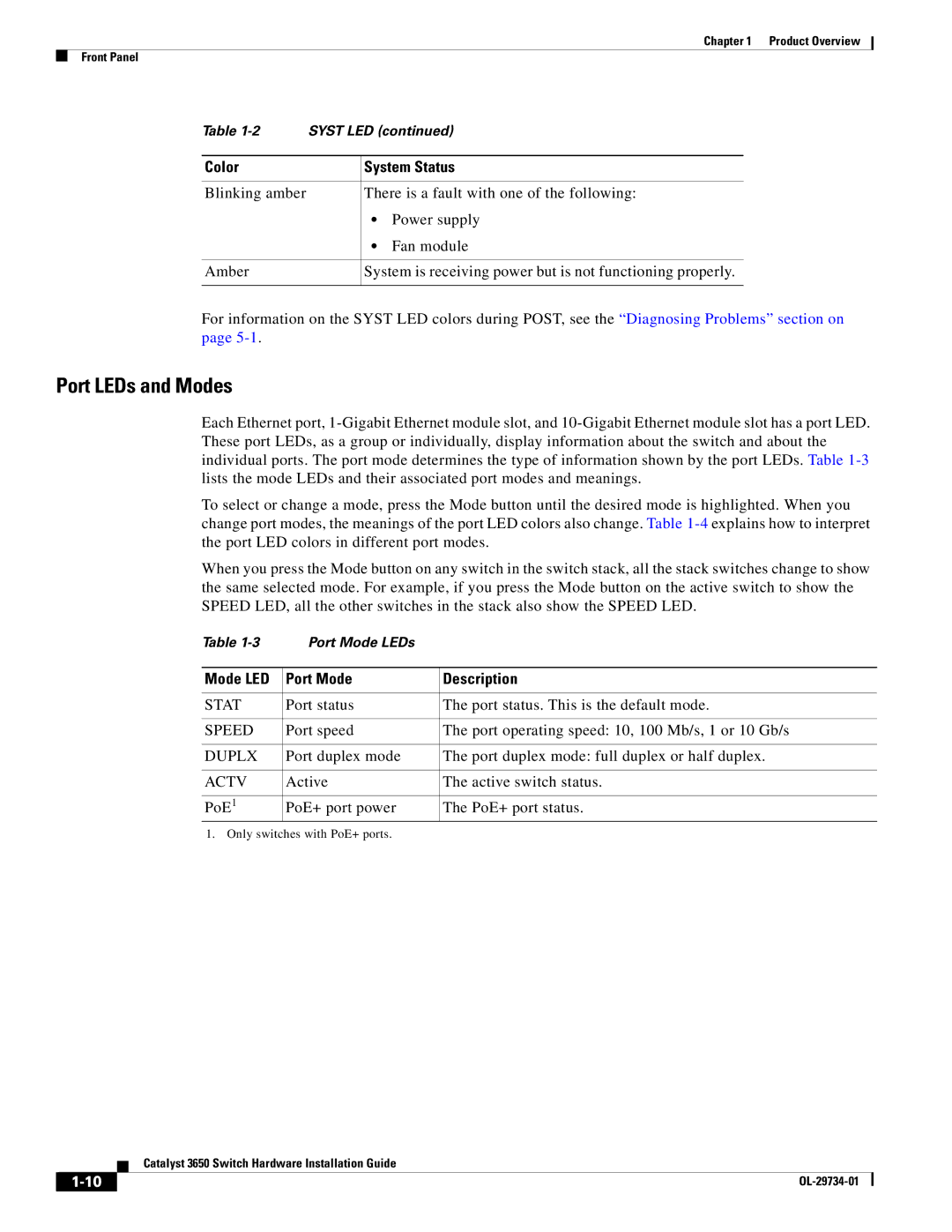 Cisco Systems 3650 manual Port LEDs and Modes, Mode LED Port Mode Description 