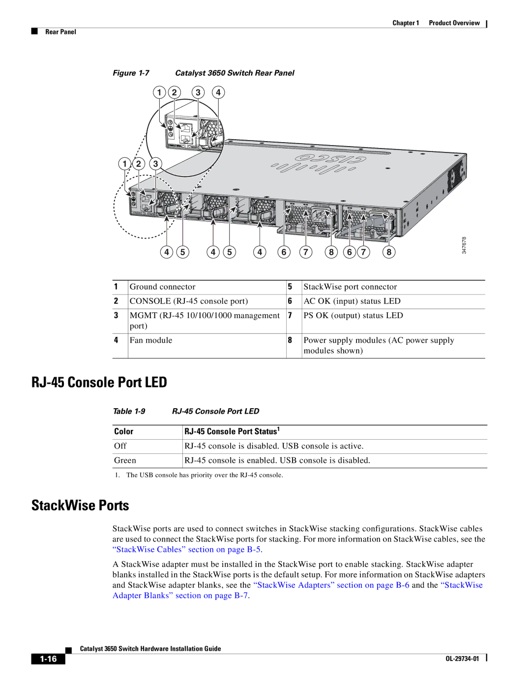 Cisco Systems 3650 manual RJ-45 Console Port LED, StackWise Ports, RJ-45 Console Port Status1 