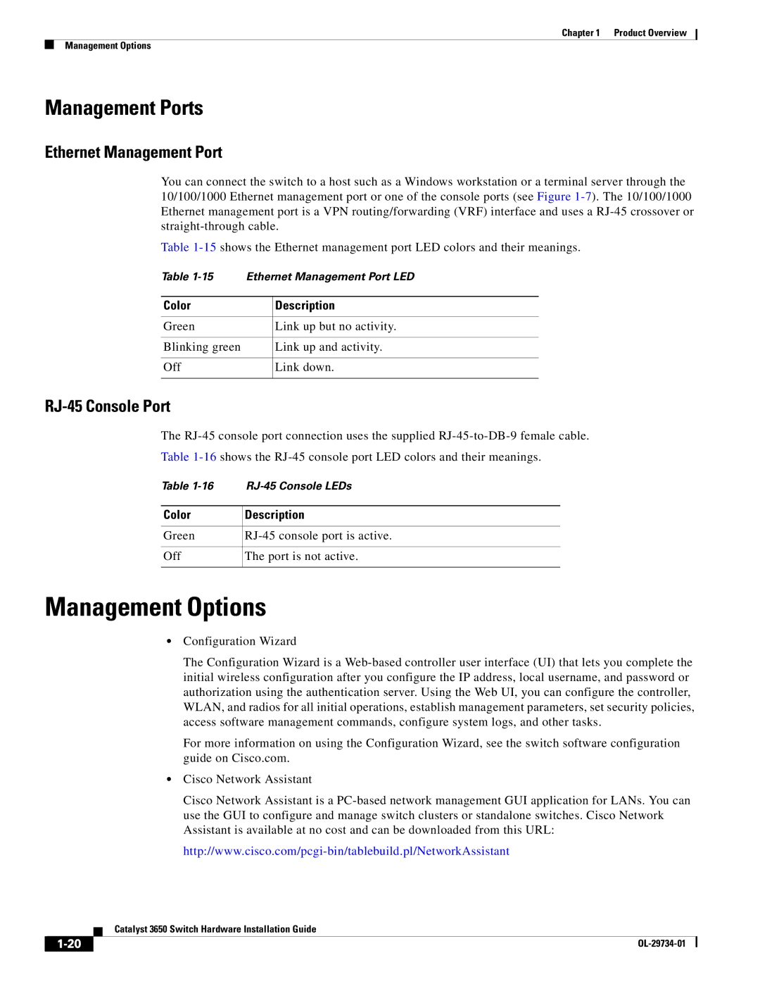 Cisco Systems 3650 manual Management Options, Ethernet Management Port, RJ-45 Console Port 