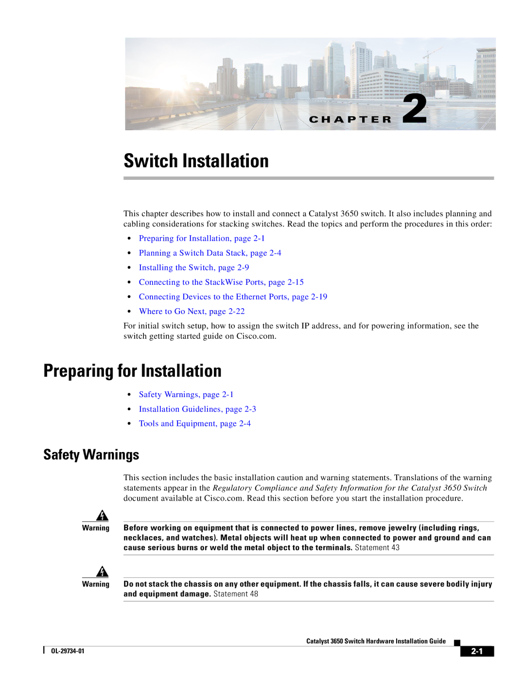 Cisco Systems 3650 manual Switch Installation, Preparing for Installation, Safety Warnings 