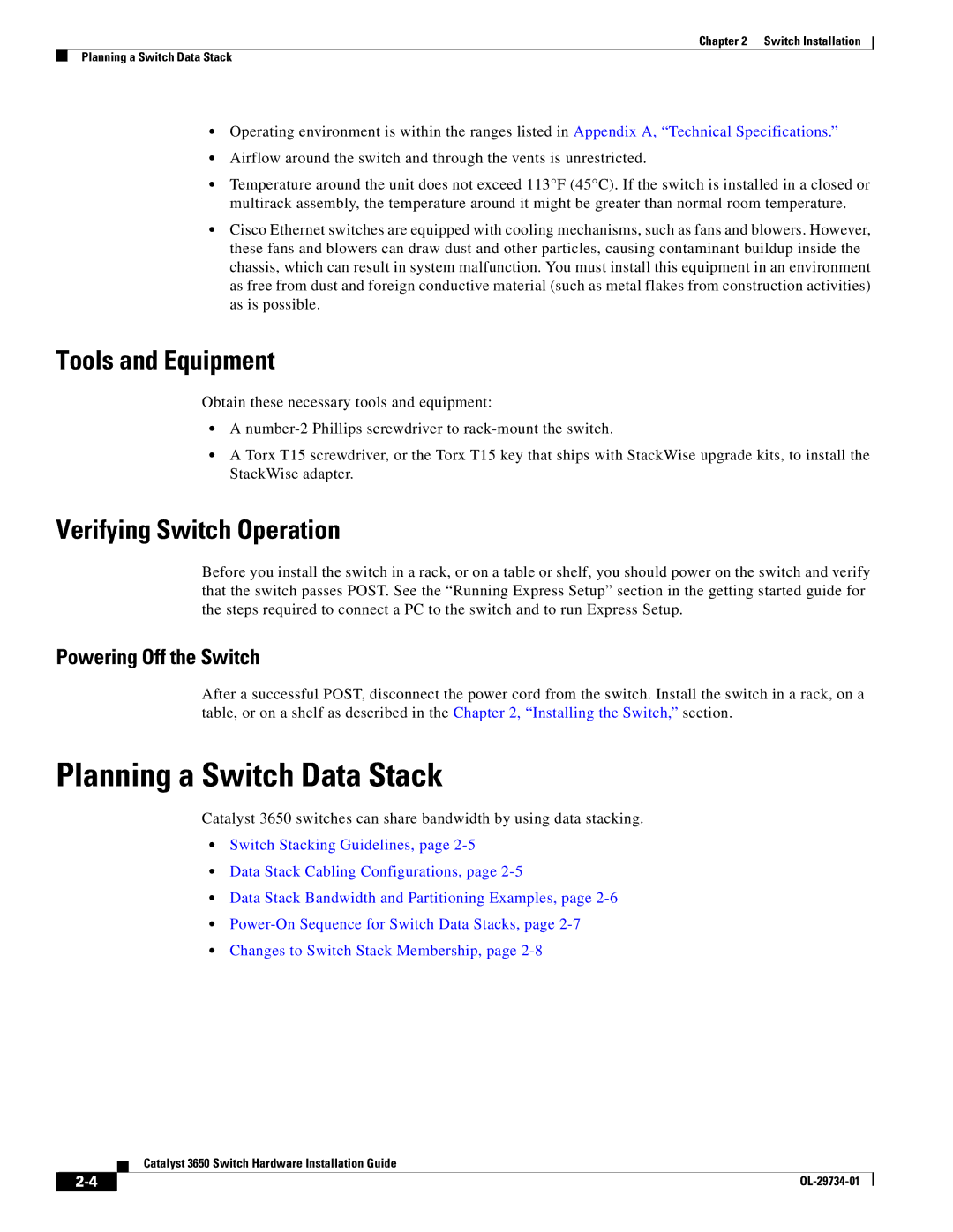 Cisco Systems 3650 Planning a Switch Data Stack, Tools and Equipment, Verifying Switch Operation, Powering Off the Switch 