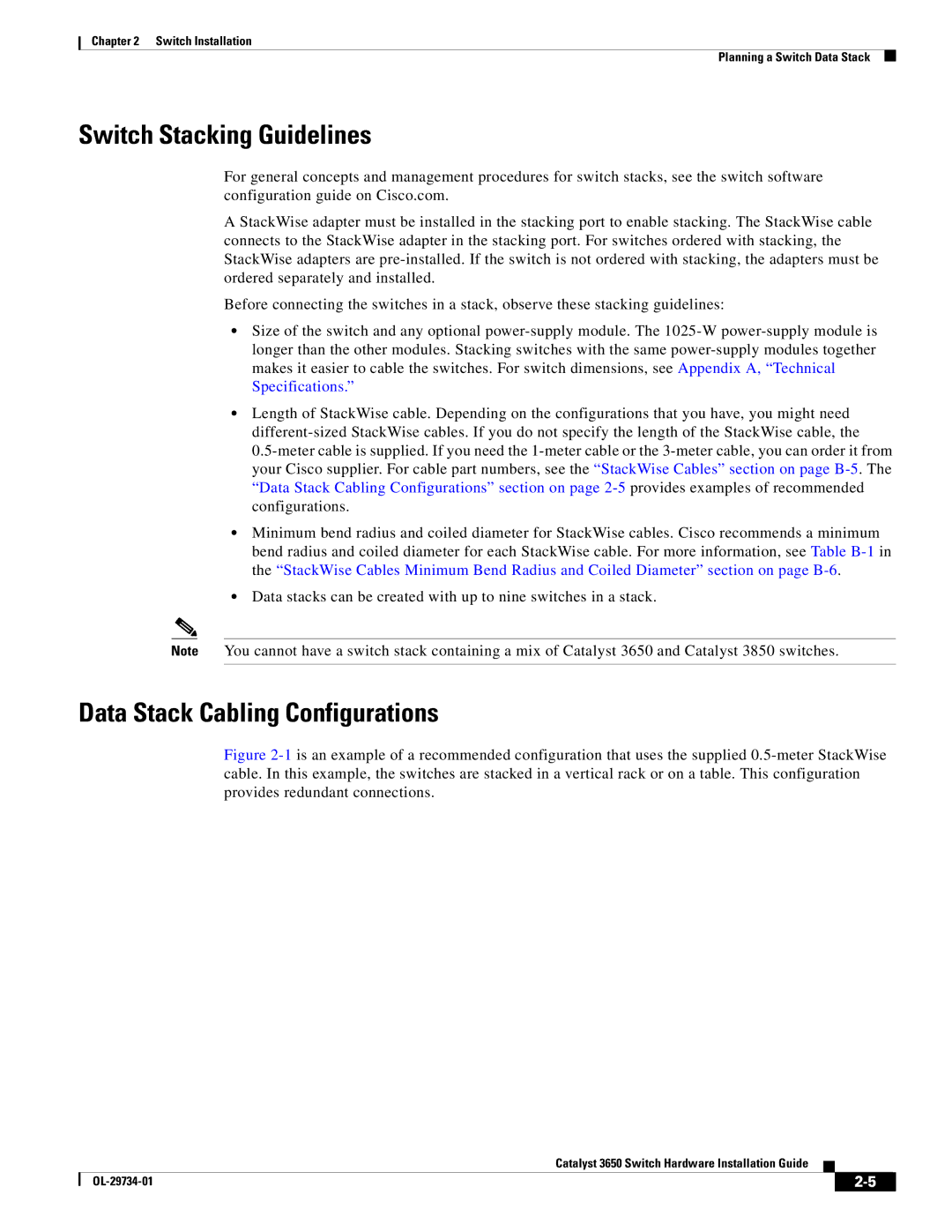 Cisco Systems 3650 manual Switch Stacking Guidelines, Data Stack Cabling Configurations 