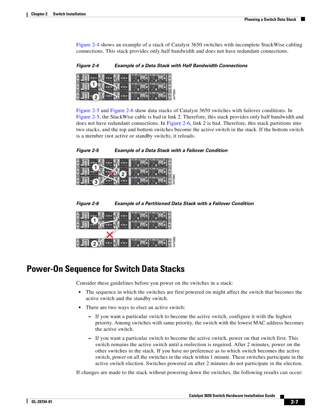 Cisco Systems 3650 manual Power-On Sequence for Switch Data Stacks, Example of a Data Stack with Half Bandwidth Connections 