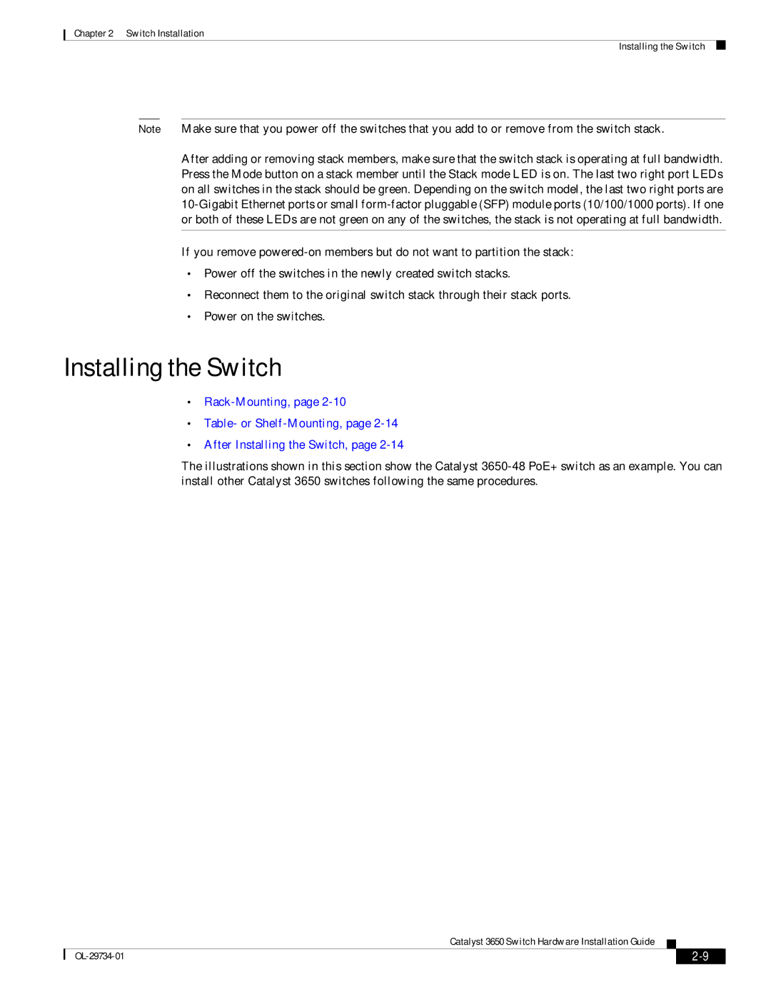 Cisco Systems 3650 manual Installing the Switch 