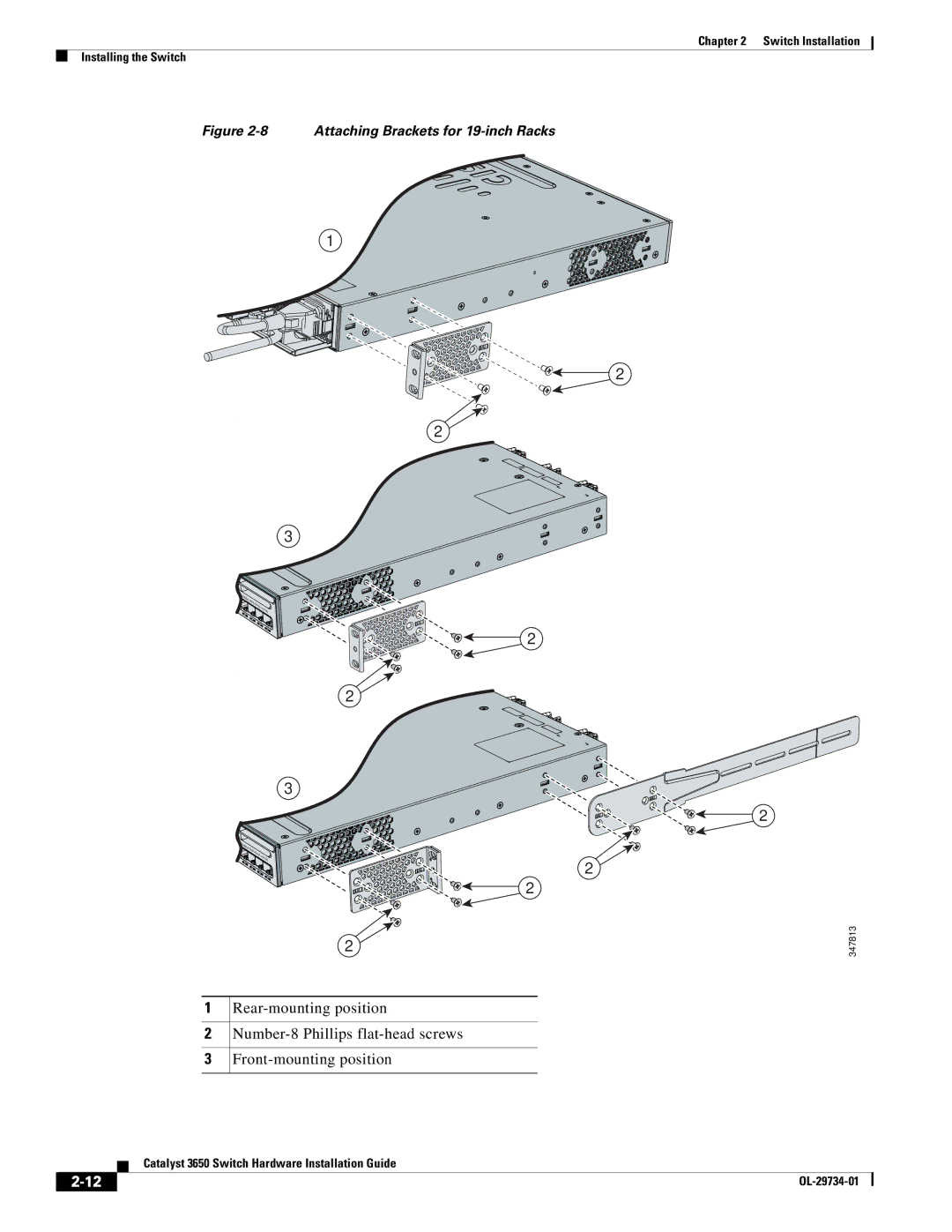 Cisco Systems 3650 manual Attaching Brackets for 19-inch Racks 