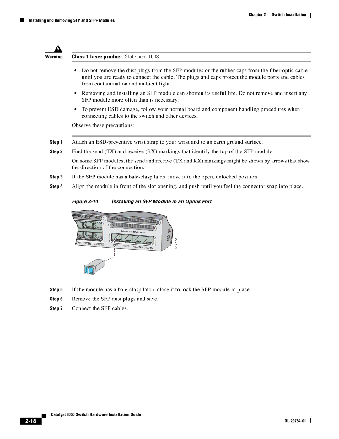 Cisco Systems 3650 manual Installing an SFP Module in an Uplink Port 