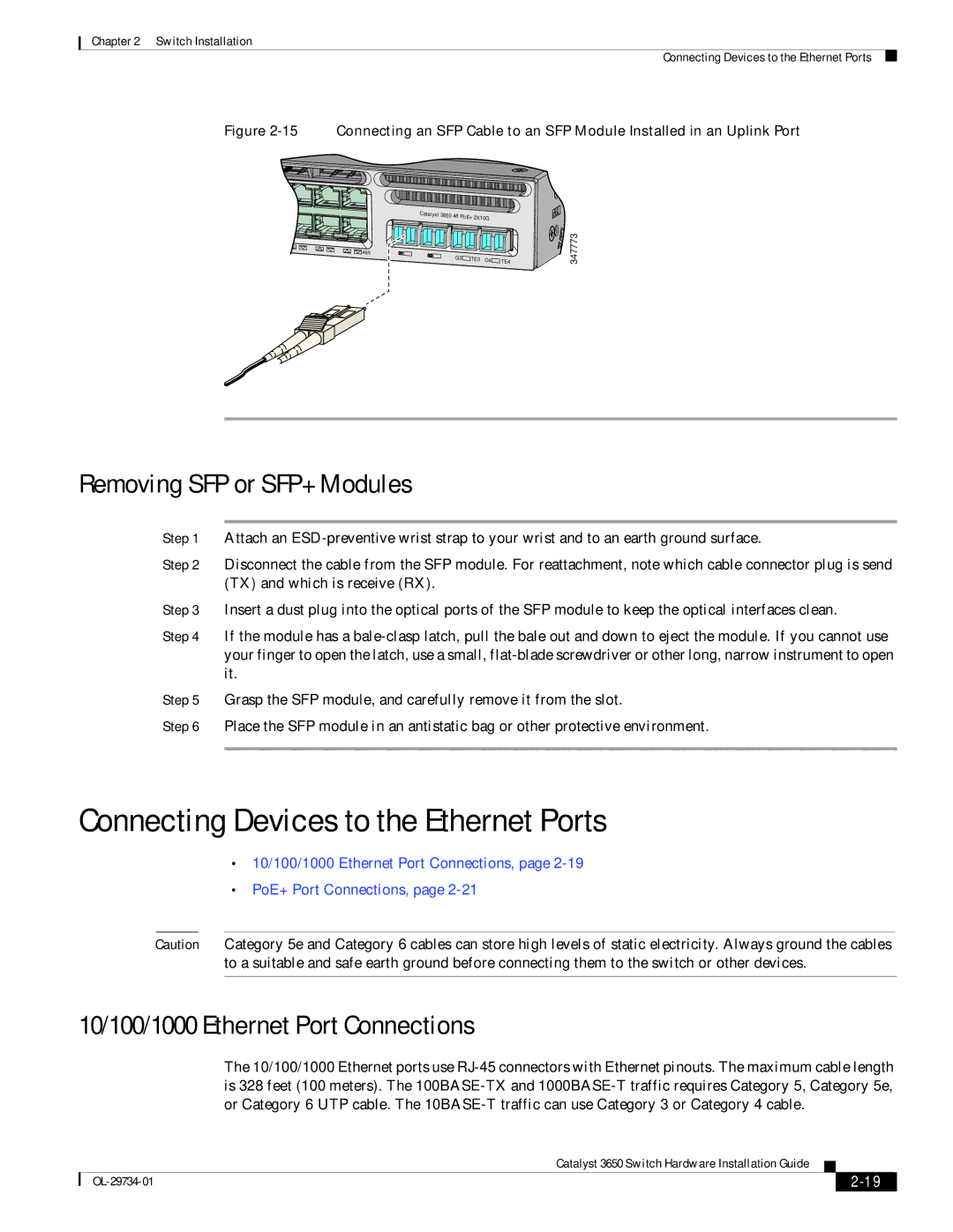 Cisco Systems 3650 manual Connecting Devices to the Ethernet Ports, Removing SFP or SFP+ Modules 