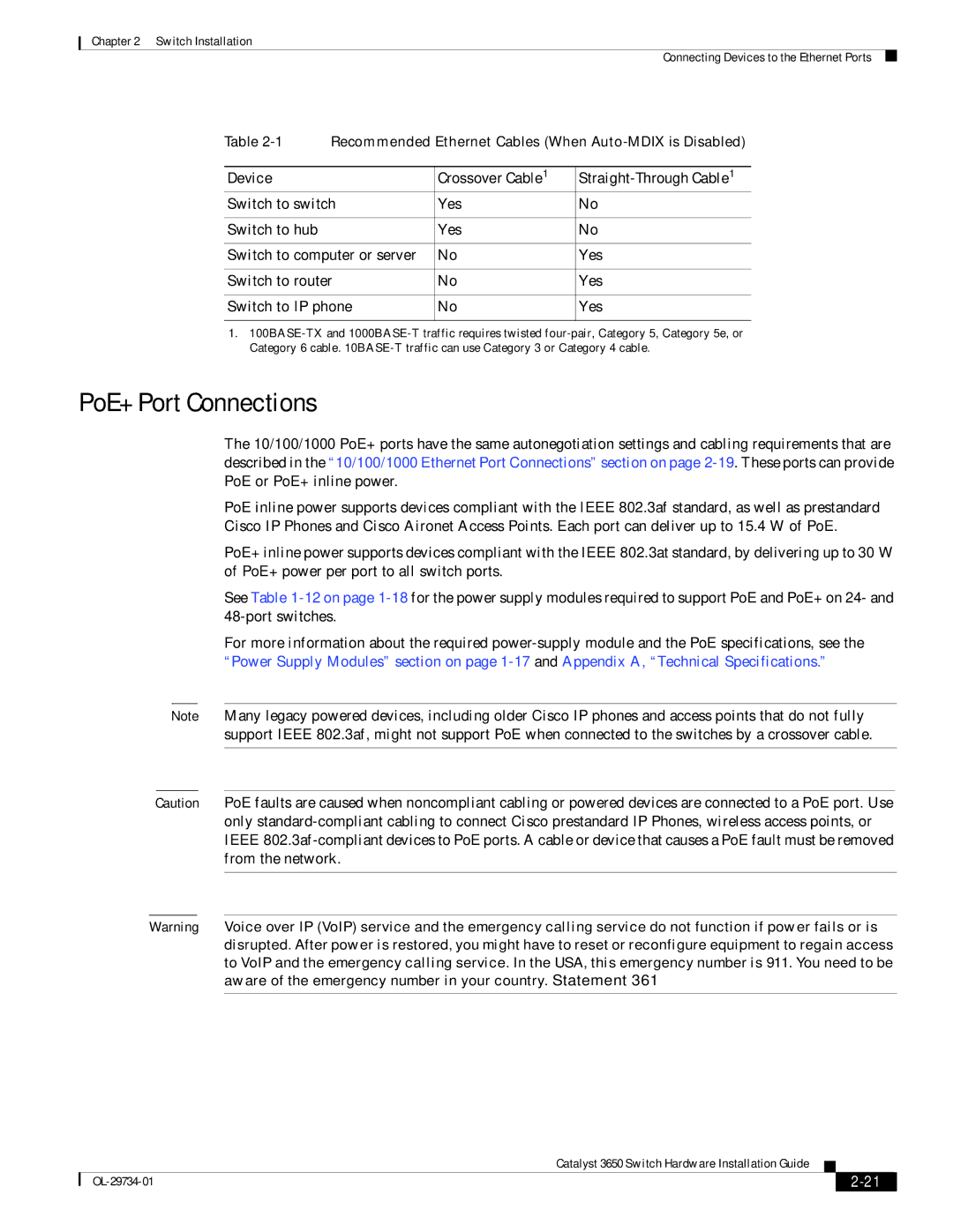 Cisco Systems 3650 manual PoE+ Port Connections, Device Crossover Cable 