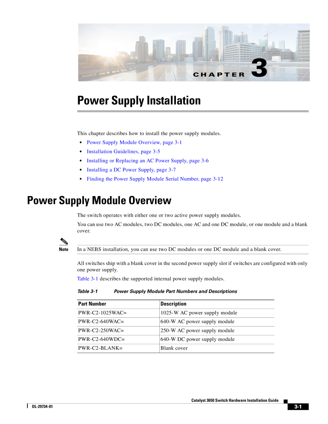 Cisco Systems 3650 manual Power Supply Installation, Power Supply Module Overview, Part Number Description 