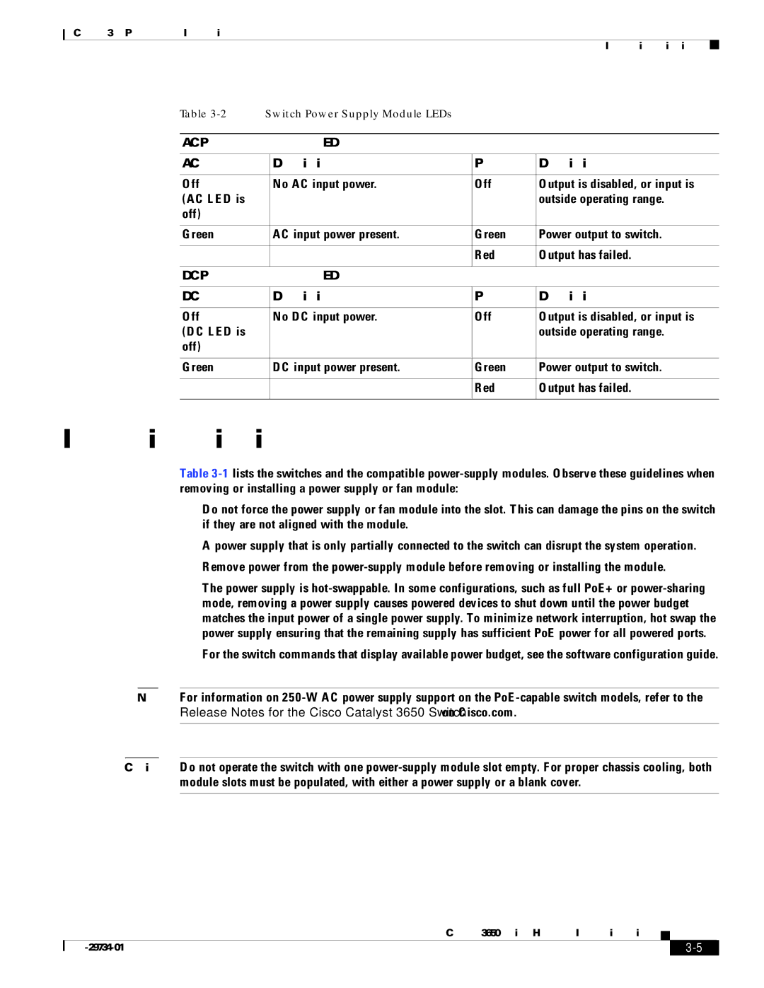 Cisco Systems 3650 manual Installation Guidelines, AC Power Supply Module LEDs, DC Power Supply Module LEDs 