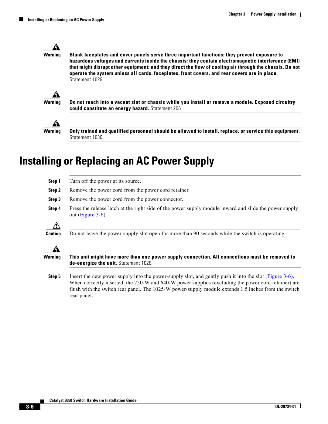 Cisco Systems 3650 manual Installing or Replacing an AC Power Supply 