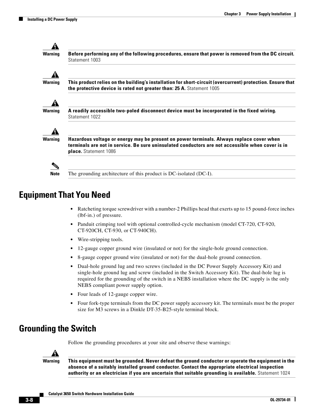 Cisco Systems 3650 manual Equipment That You Need, Grounding the Switch 