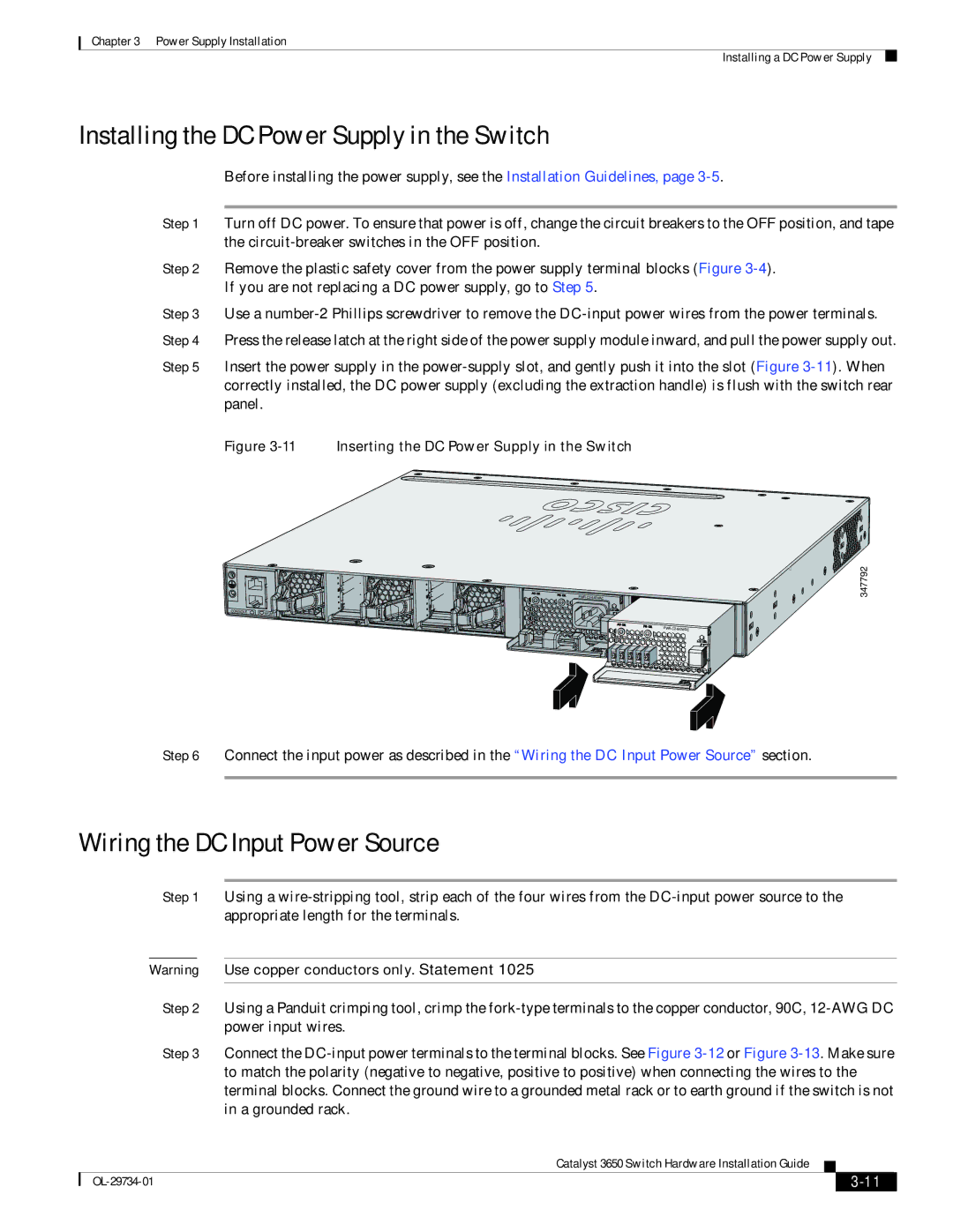 Cisco Systems 3650 manual Installing the DC Power Supply in the Switch, Wiring the DC Input Power Source 