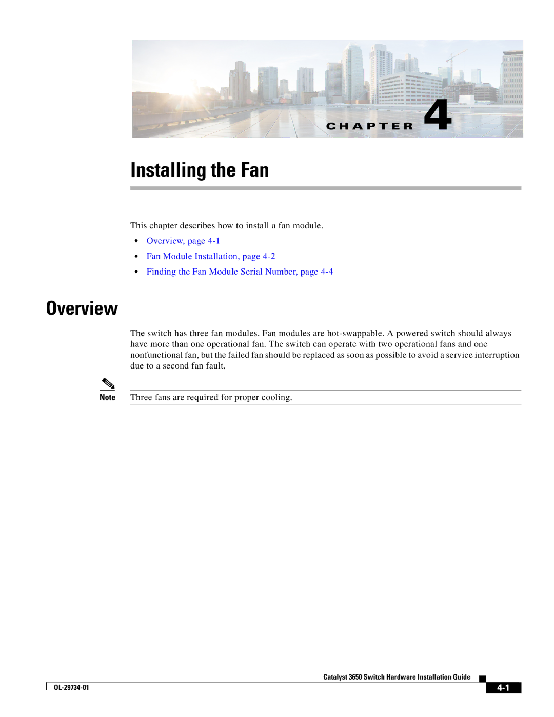 Cisco Systems 3650 manual Installing the Fan, Overview 