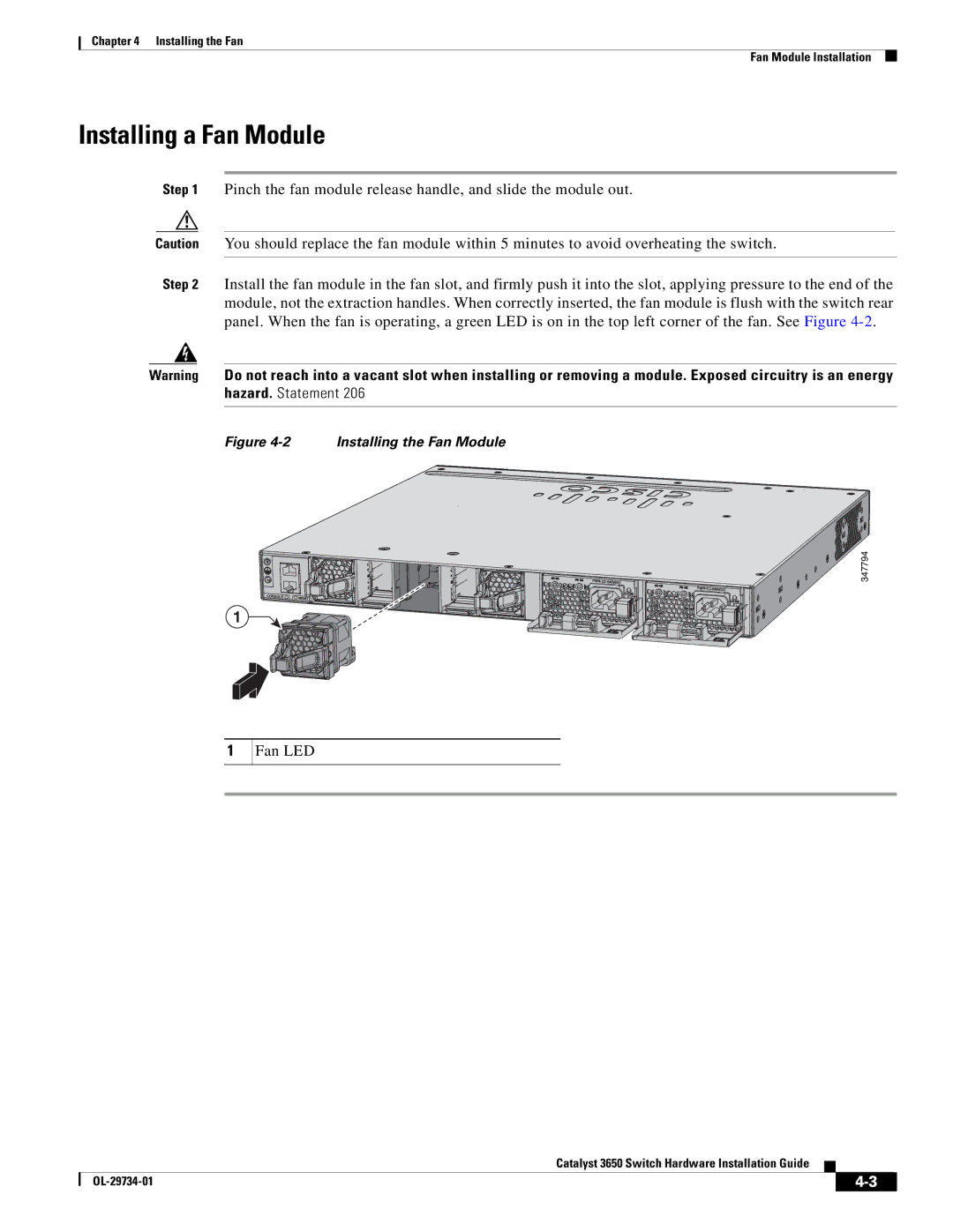 Cisco Systems 3650 manual Installing a Fan Module, Fan LED 