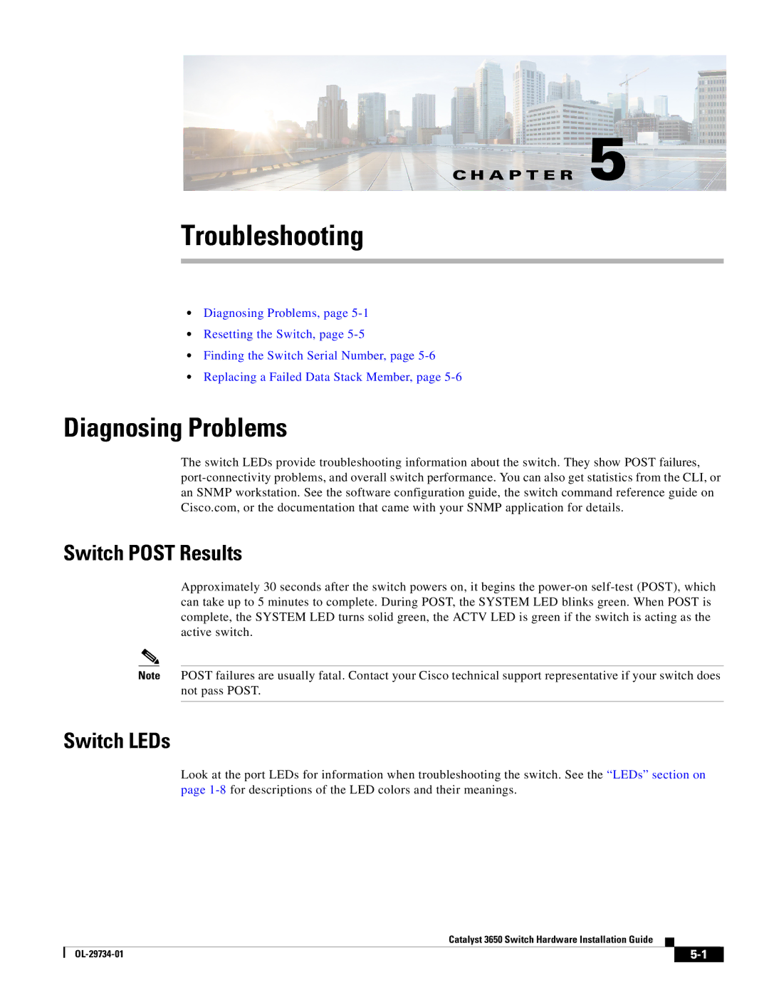 Cisco Systems 3650 manual Troubleshooting, Diagnosing Problems, Switch Post Results, Switch LEDs 