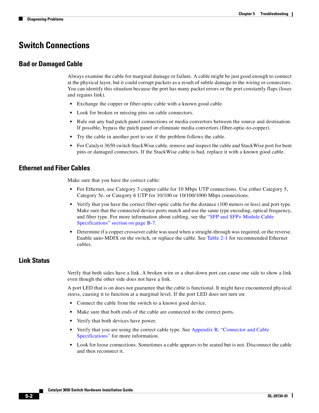 Cisco Systems 3650 manual Switch Connections, Bad or Damaged Cable, Ethernet and Fiber Cables, Link Status 