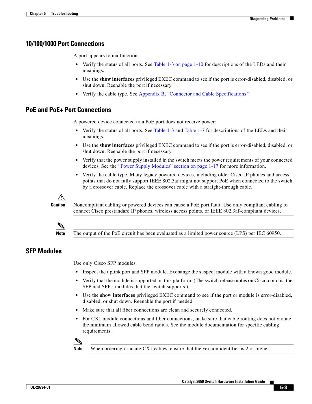 Cisco Systems 3650 manual 10/100/1000 Port Connections, PoE and PoE+ Port Connections, SFP Modules 