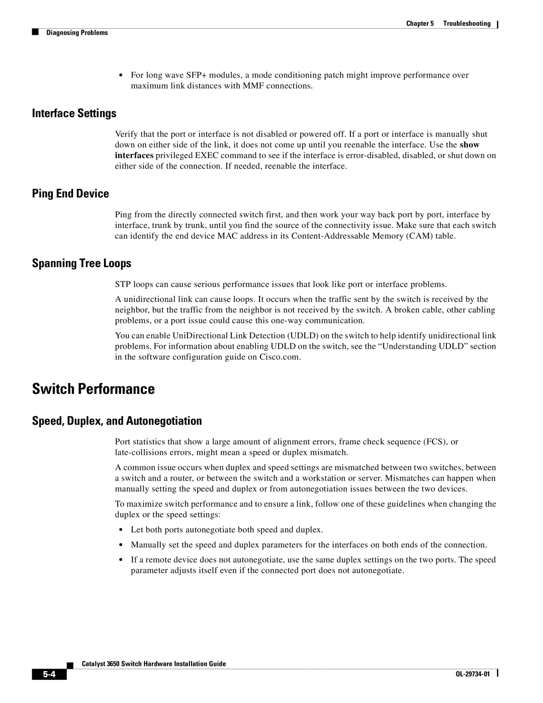 Cisco Systems 3650 manual Switch Performance, Interface Settings, Ping End Device, Spanning Tree Loops 