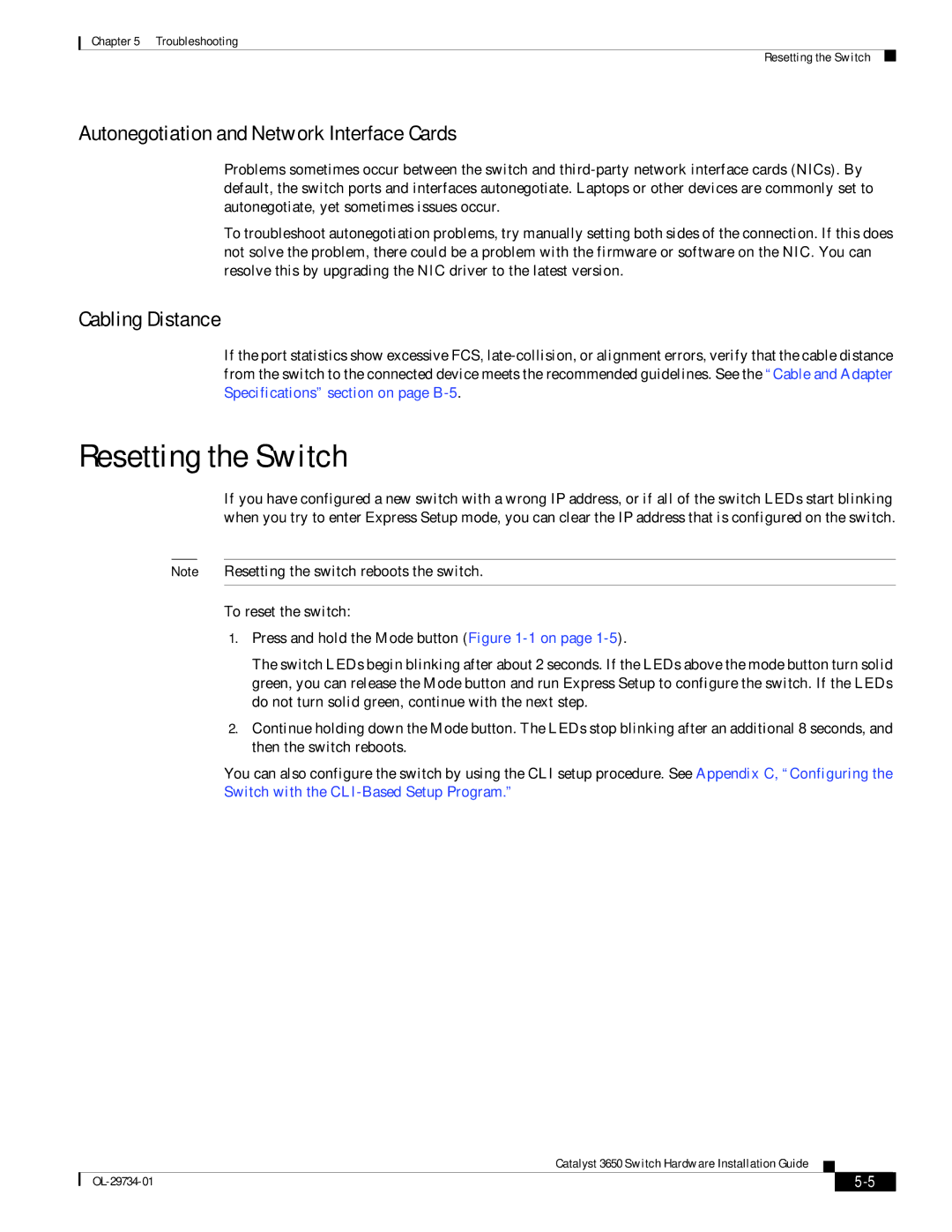 Cisco Systems 3650 manual Resetting the Switch, Autonegotiation and Network Interface Cards, Cabling Distance 