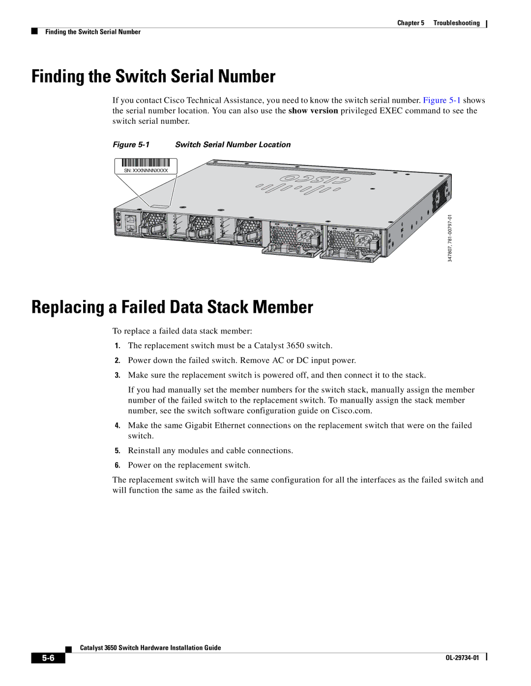 Cisco Systems 3650 manual Finding the Switch Serial Number, Replacing a Failed Data Stack Member 