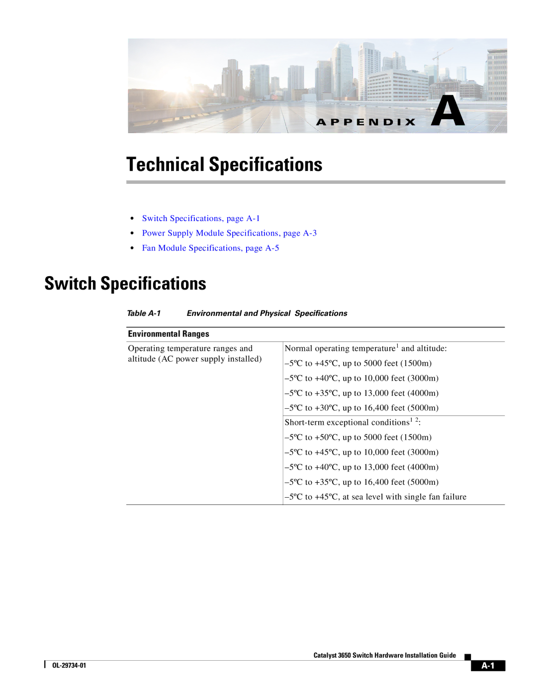 Cisco Systems 3650 manual Technical Specifications, Switch Specifications, Environmental Ranges 