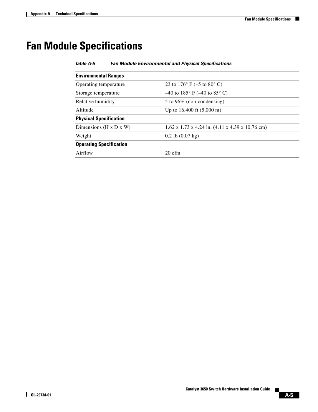 Cisco Systems 3650 manual Fan Module Specifications, Physical Specification, Operating Specification 