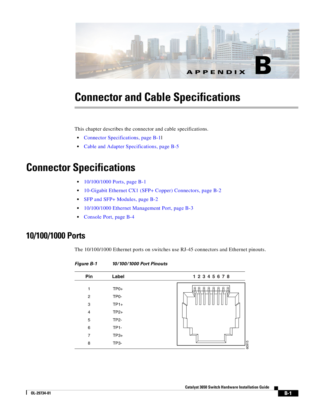 Cisco Systems 3650 manual Connector and Cable Specifications, Connector Specifications, 10/100/1000 Ports 