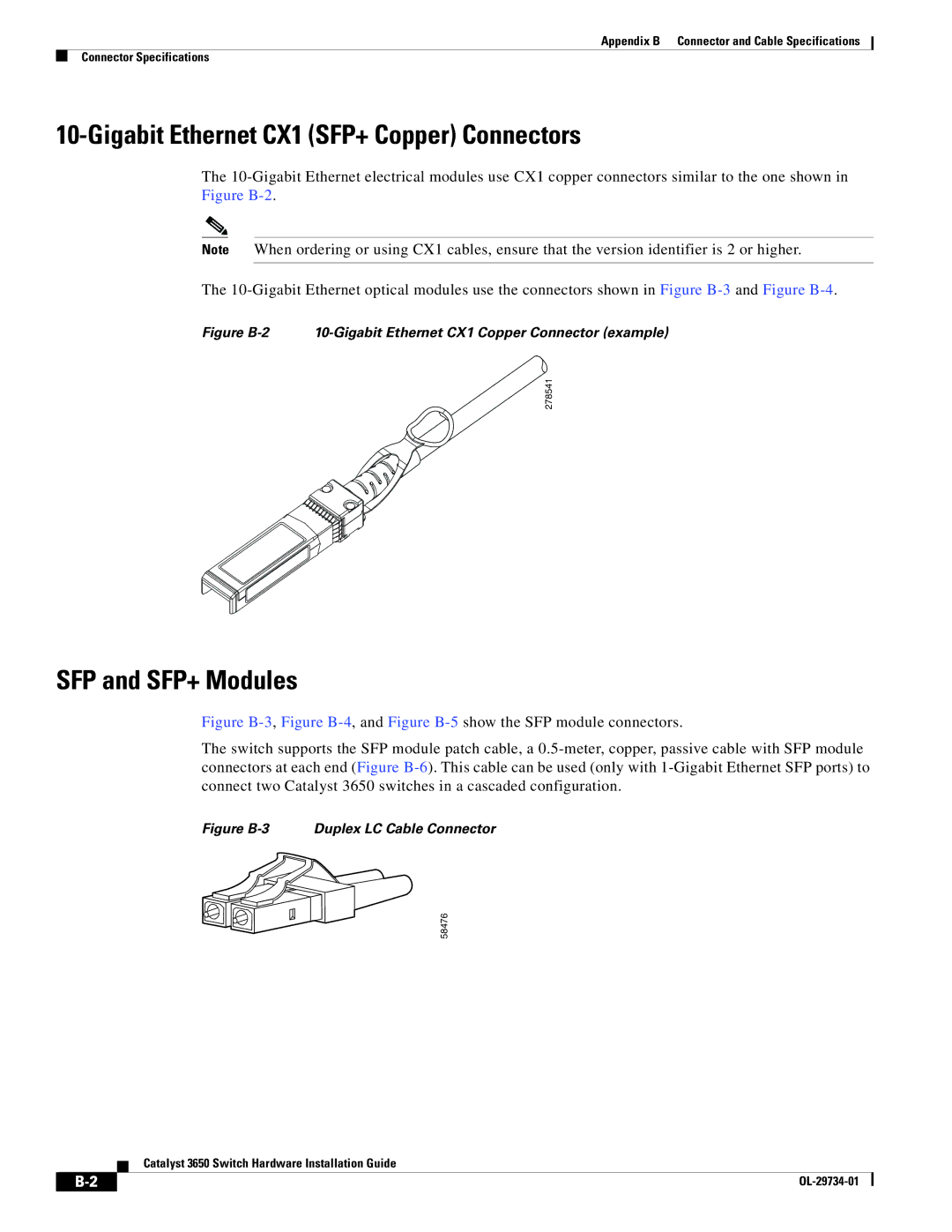 Cisco Systems 3650 manual Gigabit Ethernet CX1 SFP+ Copper Connectors, SFP and SFP+ Modules 